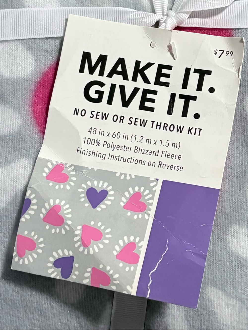 No Sew Throw Kit – Pink & Purple Heart Design NWT
